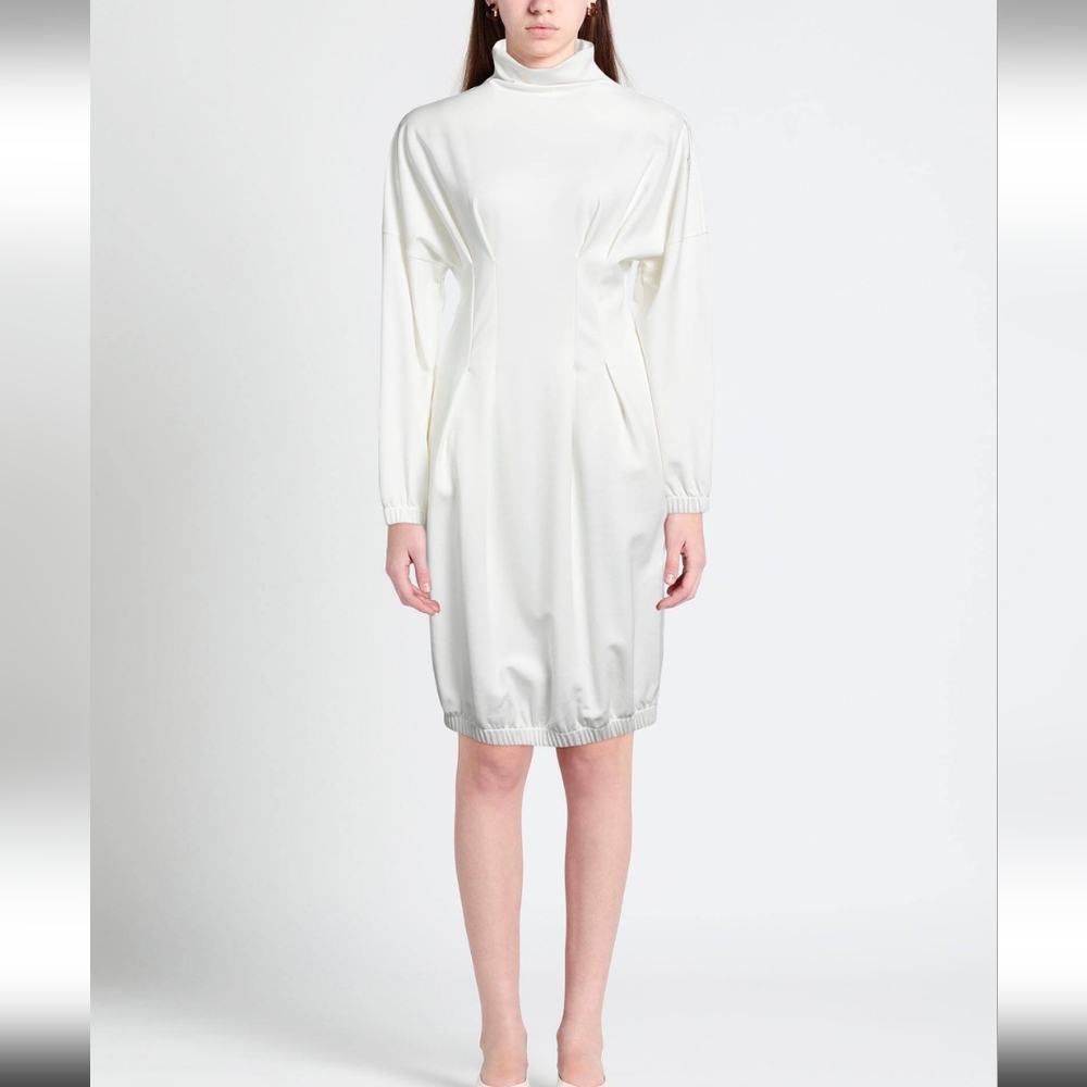 Jijil White Elastic Bubble Hem Dress with Long Sleeves & Pockets